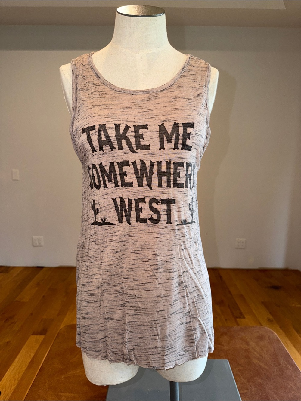 Graphic Sleeveless Tank Top - 'Take Me Somewhere West' - Light Heather